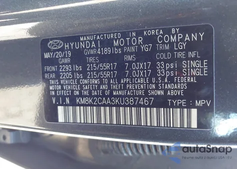 2019 Hyundai Kona Sel z USA, uszkodzony, nr VIN KM8K2CAA3KU387467